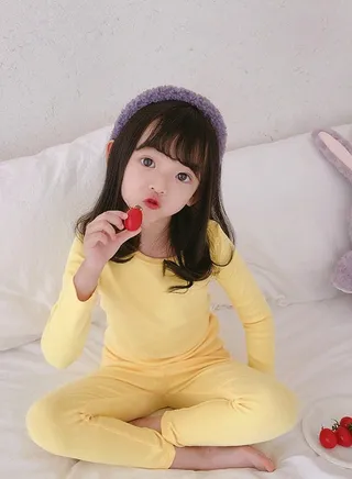 Kids Solid Color Thermal Underwear Set Cotton Soft Long Johns Base Layer Top & Bottom Children's Pajama Set Yellow 