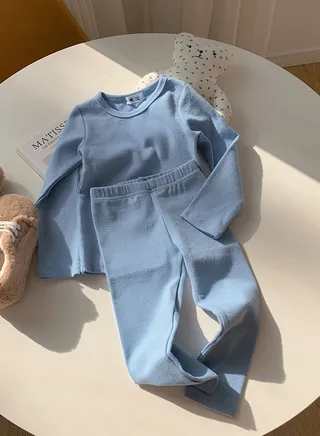 Kids Solid Color Thermal Underwear Set Cotton Soft Base Layer Top & Bottom Children's Pajama Set Light Blue 
