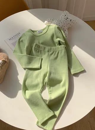 Kids Solid Color Thermal Underwear Set Cotton Soft Base Layer Top & Bottom Children's Pajama Set Green 