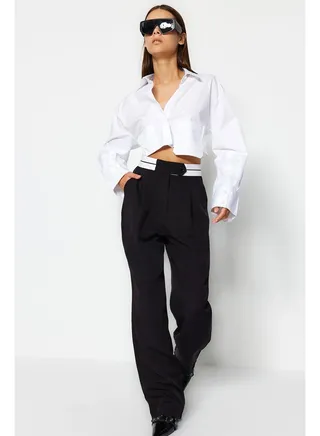 Black Wide Leg Trousers with Woven Waist Detail TWOAW24PL00037 