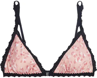 Lace-trimmed leopard-print hammered-satin soft-cup triangle bra