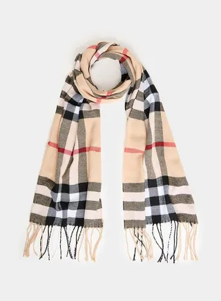 Checked Wool Like Scarf with Fringe Detail
