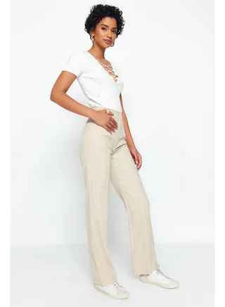 Mink Straight Cut High Waist Ribbed Stitched Woven Trousers TWOSS21PL0093 