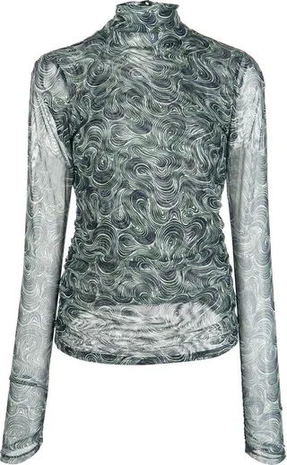 Swirl-Print Sheer Turtleneck Top
