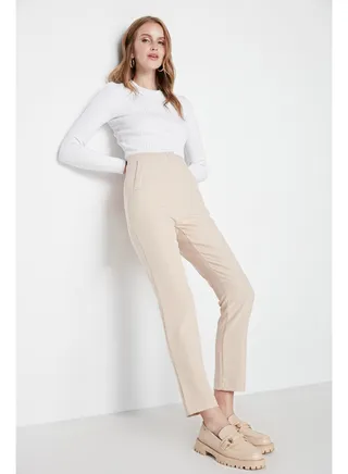 Beige Cigarette Patterned Dart High Waist Ankle Length Woven Trousers TWOSS20PL0515 