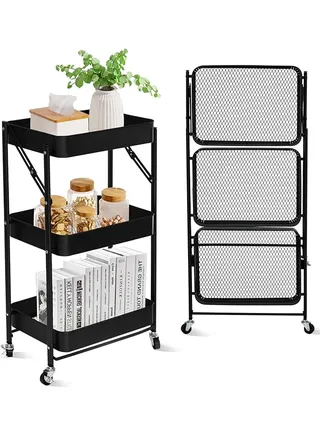 Tier Foldable Metal Rolling Utility Cart Organizer 46X30X76Cm Multipurpose Organizer Trolley With Casters For Kitchen Bedroom Bathroom Office Laundry Room And Garage Black 