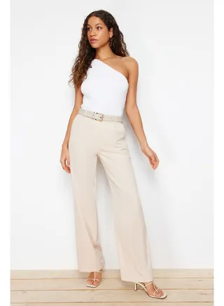 Stone High Waist Wide Leg Wide Leg Pleated Woven Trousers TWOAW21PL0076 