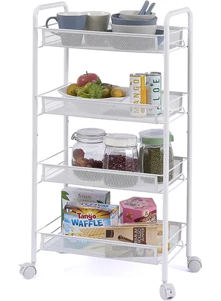 Cart 4 Tier Rolling Cart Mesh Rolling Utility Cart Multifunction Storage Rack Serving Cart Storage Trolley Cart With Lockable Wheels For Home Office Kitchen Bathroom Bedroom(White) 