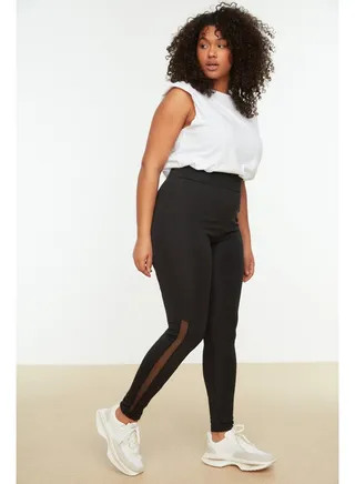 Black Knitted Stretchy Sports Leggings With Tulle Detailed TBBSS22TY0003 