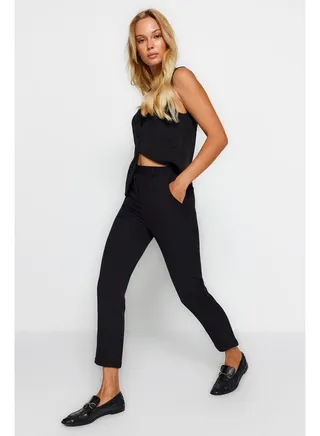 Black Basic Cigarette Slim Leg Woven Trousers 