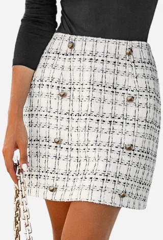 Women's Plaid Tweed Double Breasted Mini Skirt - Cupshe-L-White