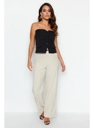 Beige Wide Leg High Waist Woven Trousers TWOSS23PL00314 