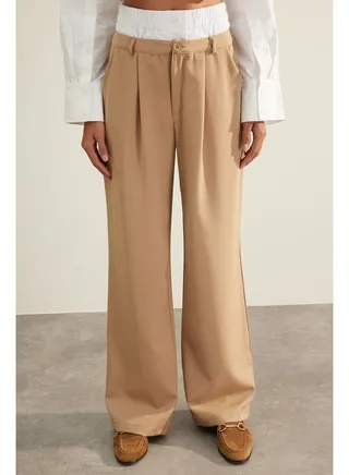 Mink Premium Quality Double Belt Detailed Wide Leg / Wide Leg Woven Trousers TWOAW24PL00187 