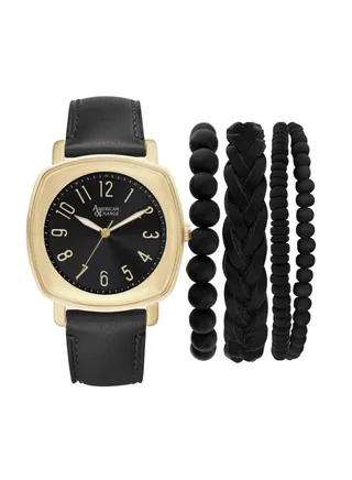Mens Analog Watch Stack Black Dial Gold Case Black Strap 