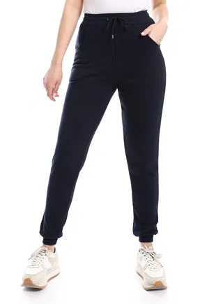 Solid Cotton Sweatpants With Hem _ Navy Blue 