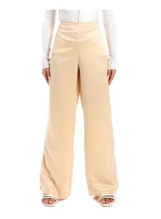 Dressy Plain Silk Beige High Waist Side Zipper Pants 