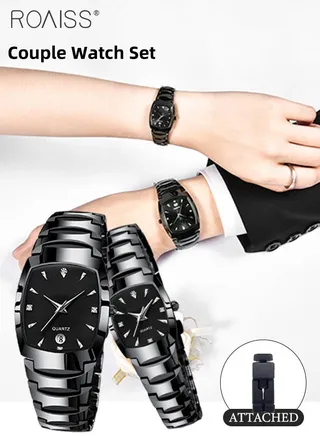 Stainless Steel Strap Couple Quartz Watch Set, Analog Display Rectangle Dial, Waterproof Luxurious Wristwatch with Calendar as Gift for Men Women 