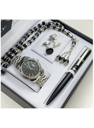 Men's stainless steel set consisting of a watch, a rosary, a pen and cufflinks 