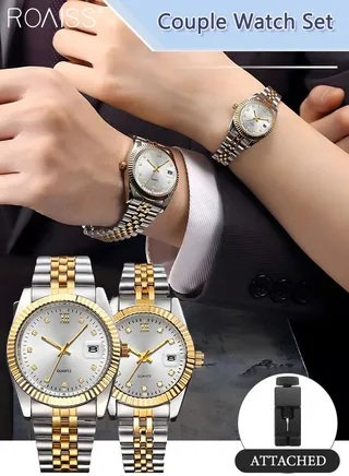Stainless Steel Strap Couple Quartz Watch Set, Analog Display Round Dial with Rhinestones Decoration, Luxurious Luminous Waterproof Calendar Watch Gift for Men Women 