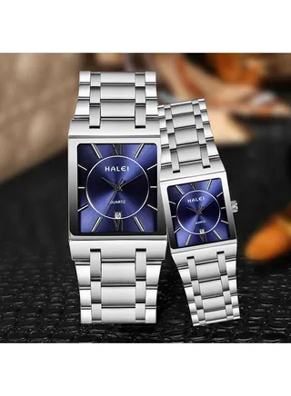 HALEI 2-Piece Luxury Couple Watches Silver Tone Stainless Steel Quartz Calendar Wristwatch Rhinestone His and Her Watch Set 