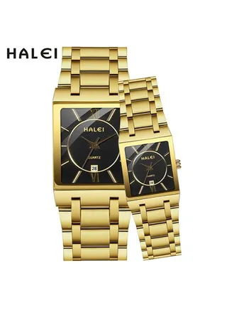 HALEI Luxury 2-Piece Square Couple Watches Gold Stainless Steel Quartz Calendar Wristwatch Rhinestone His and Her Watch Set 