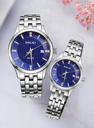 HALEI Harley Simple 2-Piece Stainless Steel Couple Quartz Wrist Watch 26.7mm/38.5mm - Silver 