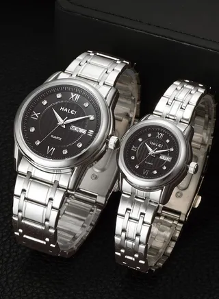 HALEI Luxury 2-Piece Couple Watches Silver Tone Stainless Steel Quartz Calendar Wristwatch Rhinestone His and Her Watch Set 