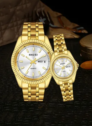 HALEI Luxury 2-Piece Stainless Steel Couple Pair Quartz Watch Set with the calendar window 28mm/40mm 