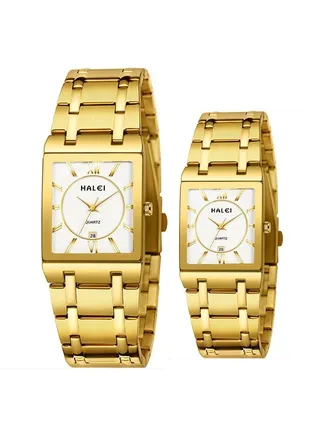 HALEI Luxury 2-Piece Square Couple Watches Gold-white Tone Stainless Steel Quartz Calendar Wristwatch Rhinestone His and Her Watch Set 