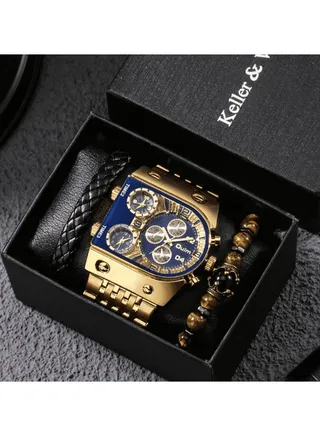 Luxury Gold Watch Men Full Steel Calendar Big Dial Quartz Wristwatch Bracelets Gift Set 