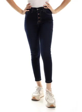 High Waist Dark Blue Buttons Closure Jeans 