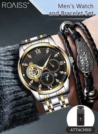 2PCS Men's Watch and Bracelet Set Analog Display Round Dial Quartz Watch with PU Leather Bracelet Vintage 2 Pieces Watch Set as Gift for Men 