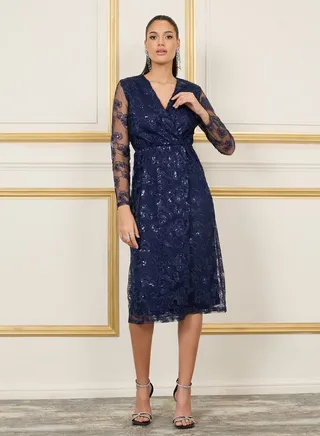 Embroidered Sequin Detail Mesh Sleeves Midi Dress 