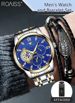 2PCS Men's Watch and Bracelet Set Analog Display Round Dial Quartz Watch with PU Leather Bracelet Vintage 2 Pieces Watch Set as Gift for Men 