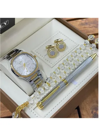 4-Piece Men's Watch Set Consisting Of A Watch With A Pen A Set Of Buttons And A Rosary 