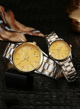 HALEI Harley Stainless Steel Couple Pair Quartz Watches - 569ML - 28mm/39mm - Silver/Gold 