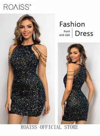 Banquet Party Dress for Women Evening Dresses Halter Neck Sequins Short-Length Sleeveless Prom Ball Gown Wedding Elegant Slim Formal Dresses Bridesmaid Dress 