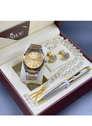RIVOLY men's Watch Set Of 4 Pieces, A Wrist Watch With A Pen, A Set Of Buttons And The Rosary 