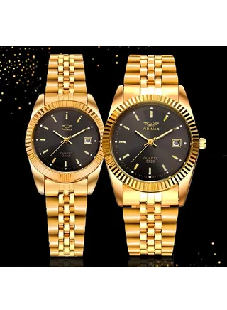 Watch set for men and women in gold and black - 100% water resistant with box 