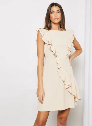 Casual Boat Neck Flared Cap Sleeve Midi Dress With Ruffle 98 Apricot 