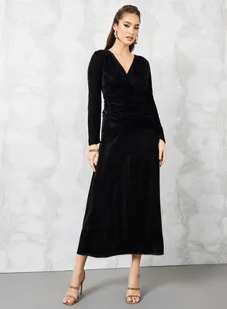 Velvet V Neck A-Line Maxi Dress