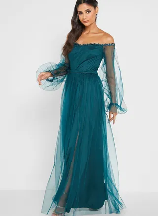 Off-Shoulder Slit Dress 