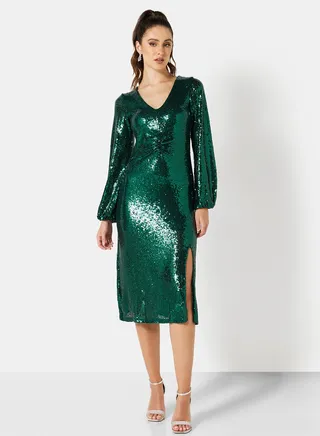 Sequin Front Slit Midi Dress Sea Moss 
