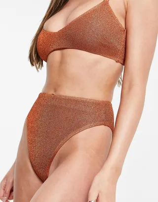 ASOS DESIGN mix and match high leg high waist bikini bottom in rust glitter