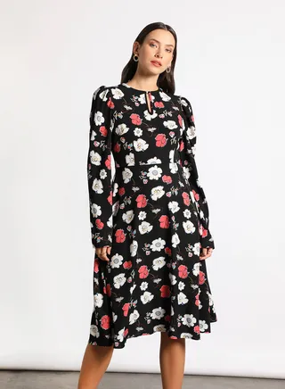 Women's Casual Round Neck Floral Print Long Sleeve Maxi Dress 2-Blackprint/White/Red 