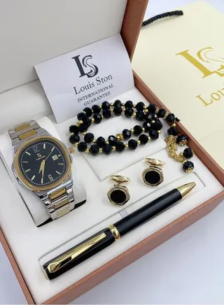 A high-quality, elegant men's watch gift set from Louis Ston, Silver bracelet with gold tone dial. Black dial with date display - limited edition 