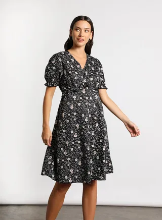 Women's Casual V-Neck Floral Print Short Sleeve Maxi Dress Black 