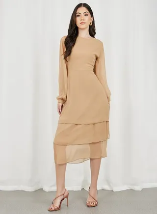 Solid Long Sleeves Layer Tiered Midi Dress