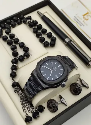 A high-quality men's watch gift set from Louis Ston, black bracelet and black dial with date display 