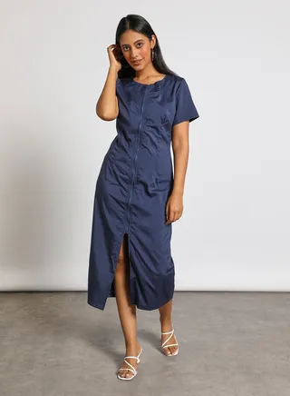 Casual Short Sleeve Front Slit Midi Dress with front zipper 131 Navy 